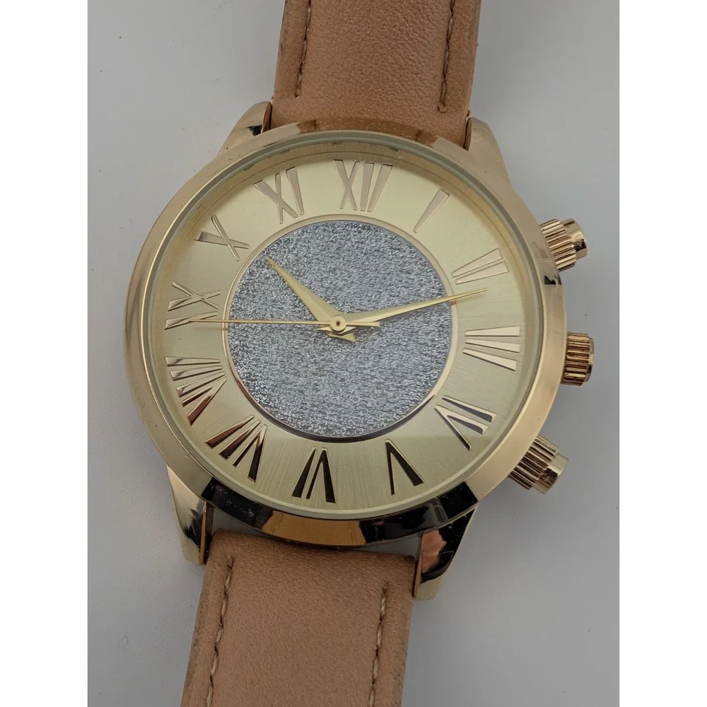 Kessaris Watch‎ Women 38mm Gold Case Tan Faux Leather Band- New Battery